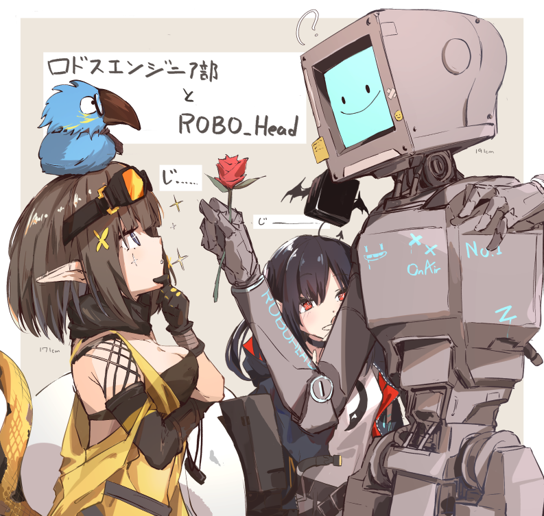 +_+, 1other, 2girls, animal_on_head, ankoro_mochi, arknights, asymmetrical_gloves, bandeau