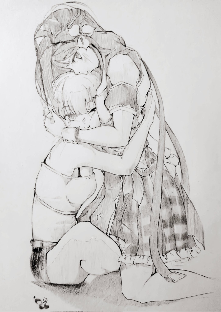 2girls, armband, bare_arms, bare_shoulders, belt, blush, bow, bra_strap