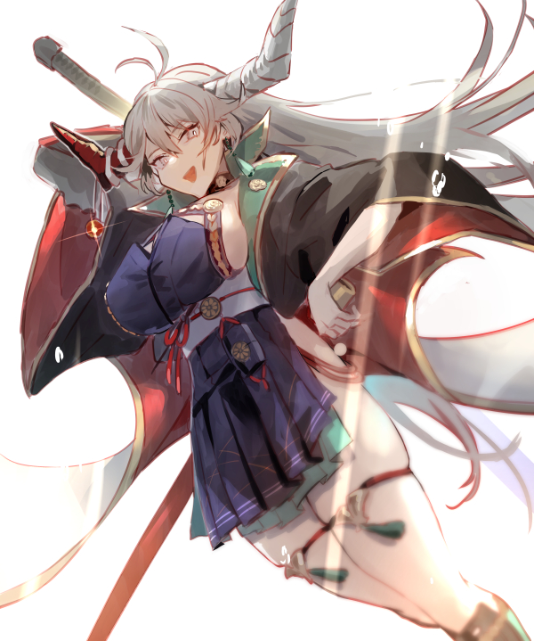 1girl, arm_behind_head, armor, asymmetrical_horns, azur_lane, black_choker, black_coat, breasts