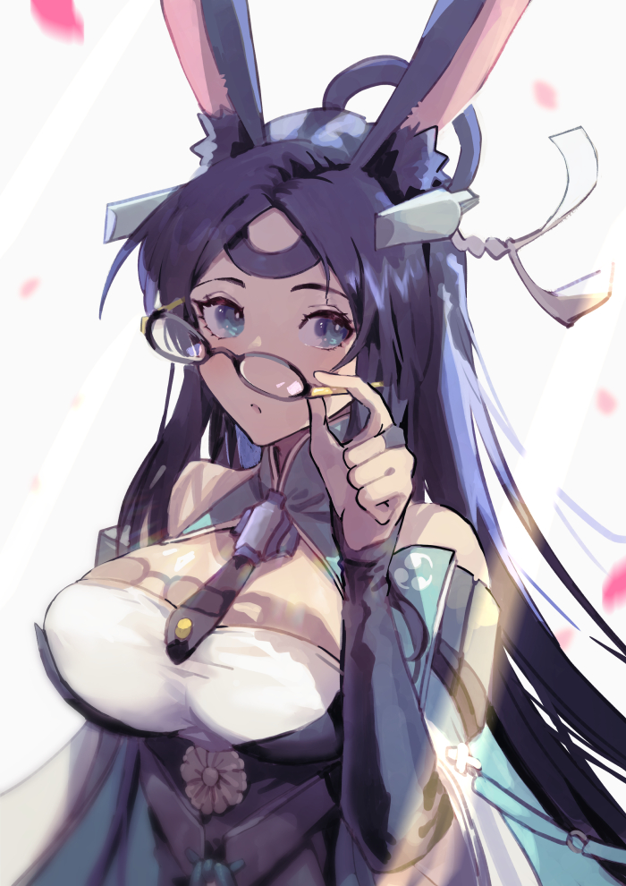 1girl, animal_ear_fluff, animal_ears, azur_lane, bare_shoulders, blue_eyes, breasts, chrysanthemum