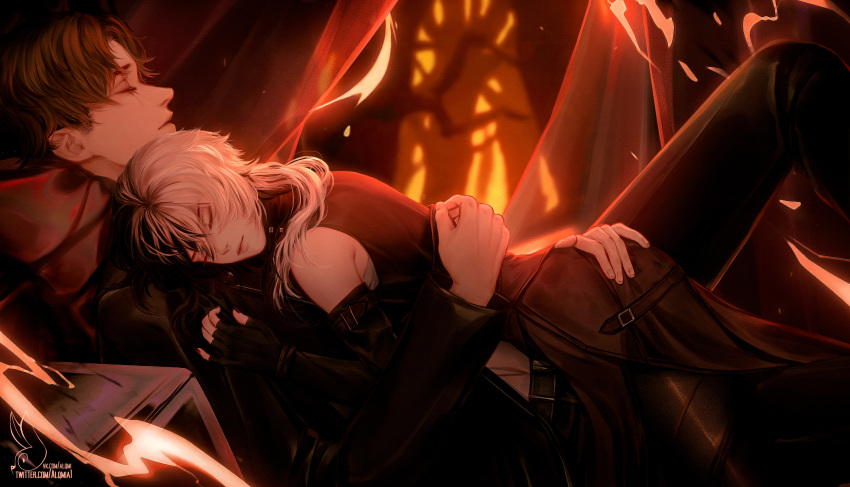 1boy, 1girl, alqmia, artist_name, belt, black_dress, black_footwear, black_gloves