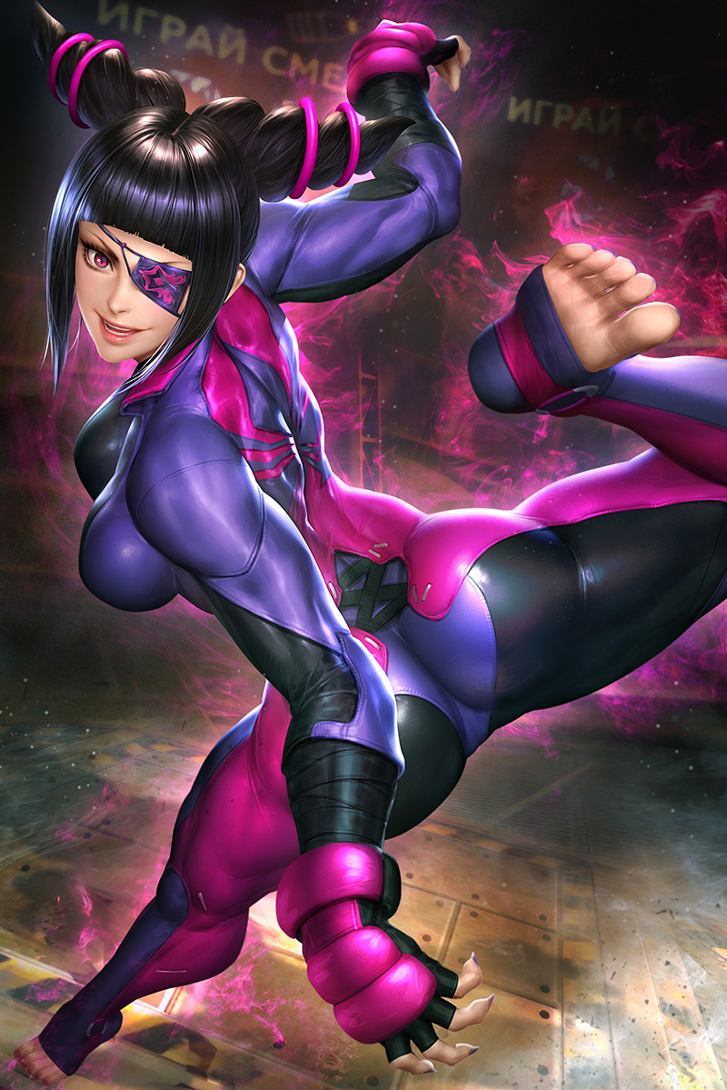 1girl, ass, bangs, black_hair, blunt_bangs, breasts, drill_hair, eyepatch