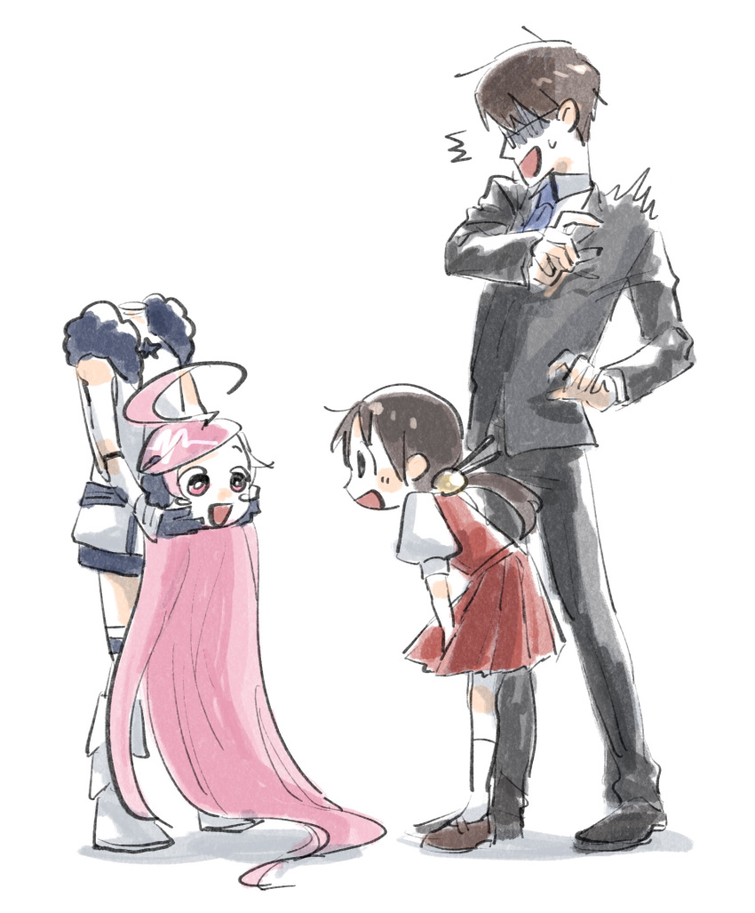 1boy, 2girls, ahoge, android, black_eyes, black_suit, blue_gloves, blue_necktie, brown_hair, dress, flinch, full_body, fur-trimmed_dress, fur_trim, glasses, gloves, head_removed, highres, hiyama_kiyoteru, holding_head, kaai_yuki, leaning_forward, long_hair, multiple_girls, nata_shelf, necktie, open_mouth, pink_eyes, pink_hair, red_dress, sf-a2_miki, shaded_face, short_twintails, sleeveless, sleeveless_dress, smile, standing, surprised, twintails, very_long_hair, vocaloid, white_background, white_dress