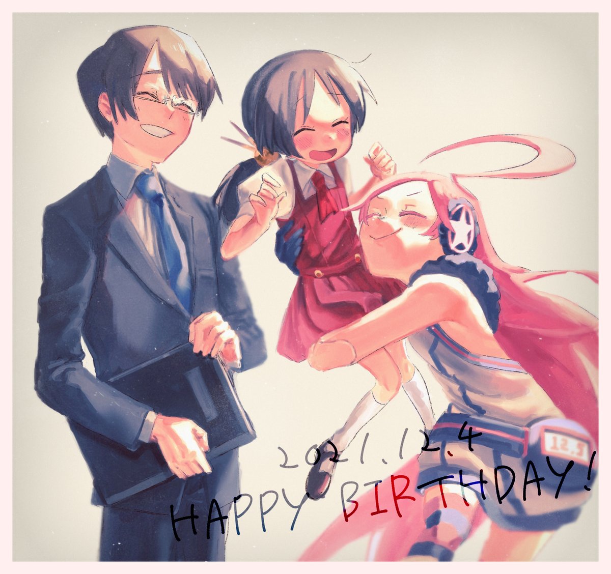 1boy, 2girls, ahoge, android, bare_arms, black_hair, black_suit, blue_necktie