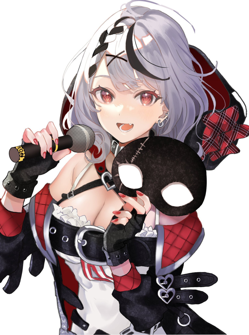 1girl, black_collar, bow, breasts, collar, ear_piercing, eye_mask, fingernails, highres, holding, holding_mask, hololive, hood, hood_up, mask, mask_removed, microphone, mishimahachi, nail_polish, open_mouth, orca, orca_hood, piercing, plaid, plaid_bow, red_eyes, sakamata_chloe, short_hair, virtual_youtuber, white_hair