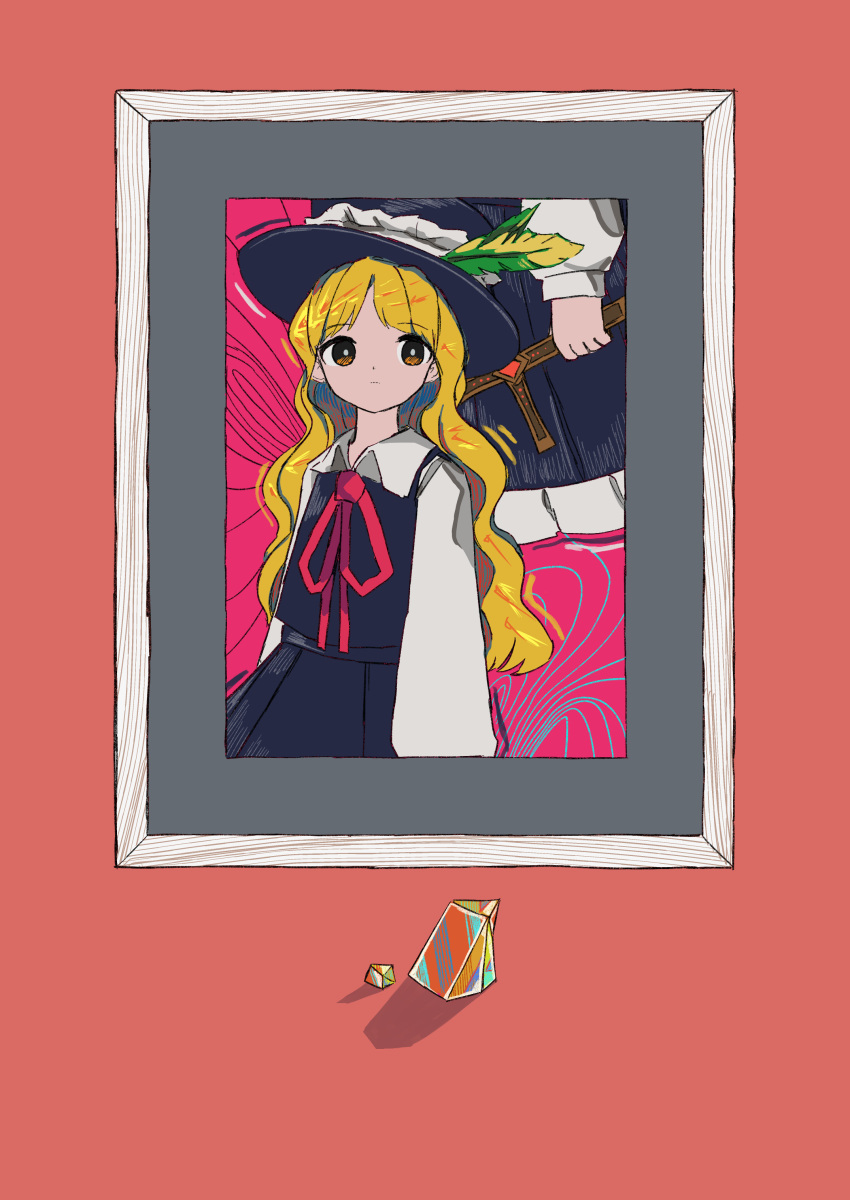 1girl, absurdres, black_headwear, black_skirt, black_vest, blonde_hair, brown_eyes, collared_shirt