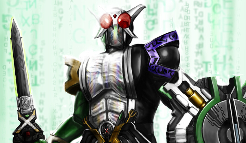 kamen_rider, kamen_rider_double, kamen_rider_w, majyuu_zaruba, shield, sword, weapon