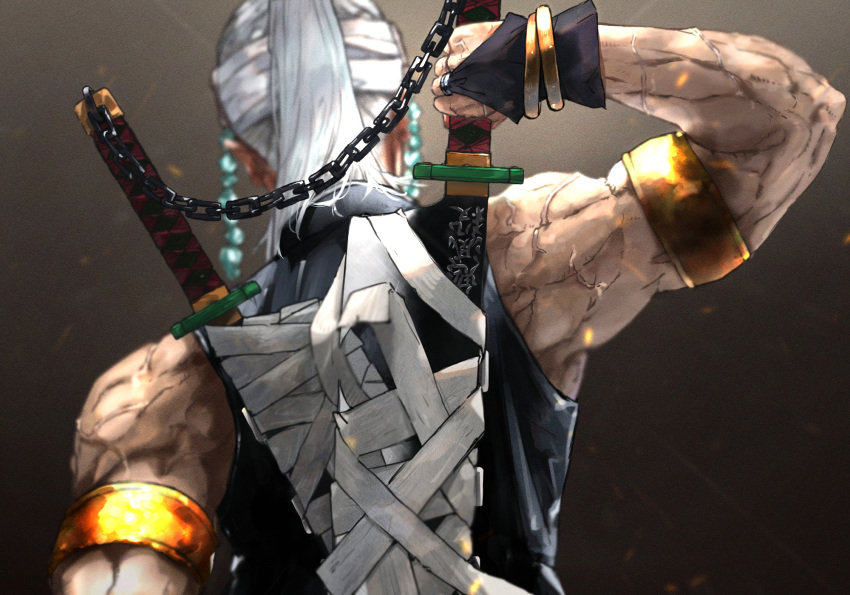 1boy, armlet, bandaged_head, bandages, bridal_gauntlets, chain, from_behind, high_ponytail