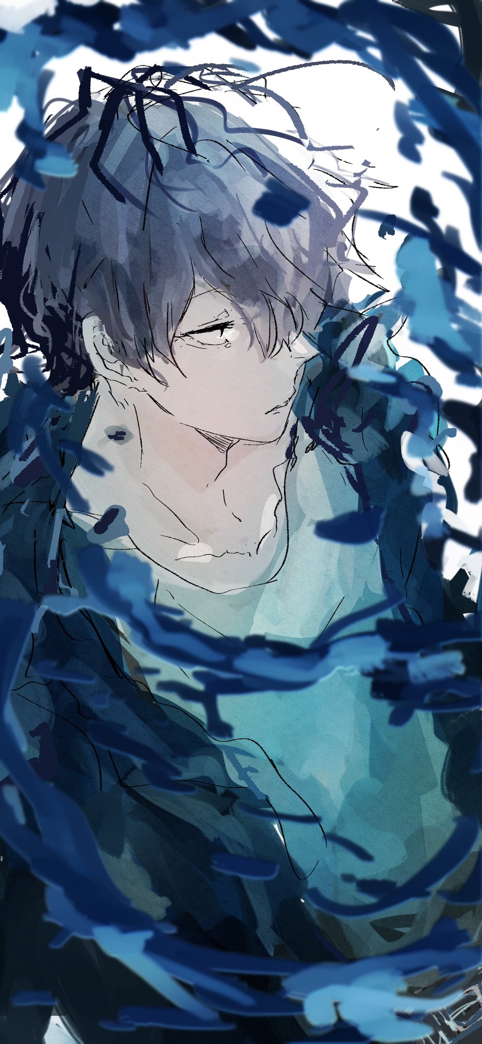 1boy, coat, garry_(ib), hair_over_one_eye, highres, ib, looking_to_the_side, minasenatuya