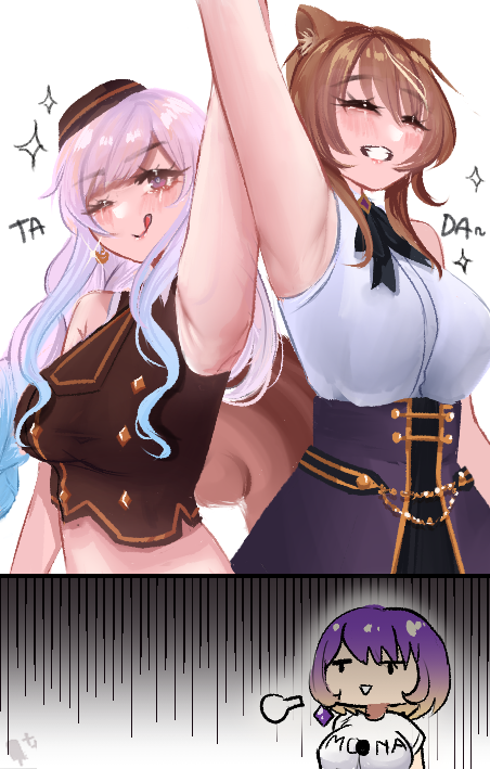 3girls, ^_^, airani_iofifteen, animal_ear_fluff, animal_ears, area_15, armpits, ayunda_risu, black_bow, black_bowtie, black_skirt, blue_hair, bow, bowtie, breasts, brown_headwear, closed_eyes, gradient_hair, high-waist_skirt, hololive, hololive_indonesia, icedsolero_(pixiv44011048), large_breasts, licking_lips, long_hair, moona_hoshinova, multicolored_hair, multiple_girls, one_eye_closed, open_mouth, pink_hair, purple_hair, shaded_face, shirt, short_hair, skirt, sleeveless, sleeveless_shirt, smile, sparkle, squirrel_ears, squirrel_girl, squirrel_tail, tail, tongue, tongue_out, violet_eyes, virtual_youtuber, white_background, white_shirt