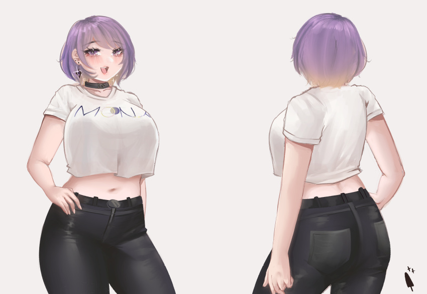 1girl, absurdres, ass, black_pants, blonde_hair, blush, breasts, earrings, from_behind, gradient_hair, grey_background, hair_behind_ear, hand_on_hip, highres, hololive, hololive_indonesia, icedsolero_(pixiv44011048), jewelry, large_breasts, looking_at_viewer, midriff_peek, moona_hoshinova, multicolored_hair, multiple_views, navel, open_mouth, pants, purple_hair, shirt, short_hair, smile, virtual_youtuber, white_shirt