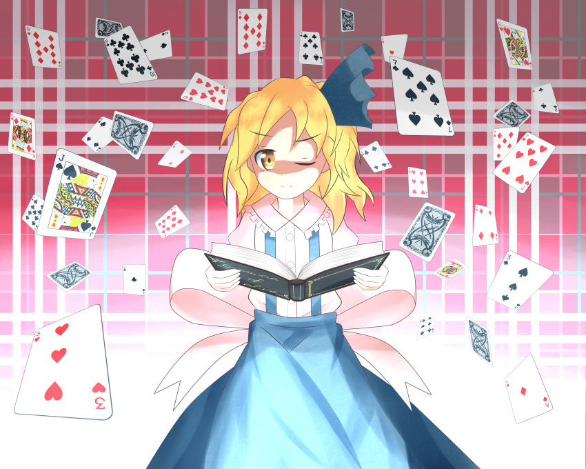 1girl, absurdres, alice_margatroid, alice_margatroid_(pc-98), back_bow, blonde_hair, blue_bow, blue_skirt, book, bow, buttons, card, closed_eyes, collared_shirt, commentary_request, eyebrows_visible_through_hair, frilled_shirt_collar, frills, grimoire_of_alice, hair_bow, highres, holding, holding_book, long_skirt, medium_hair, poker, puffy_short_sleeves, puffy_sleeves, shirt, short_sleeves, skirt, smile, str11x, suspenders, touhou, touhou_(pc-98), wavy_hair, white_background, white_shirt, yellow_eyes, younger