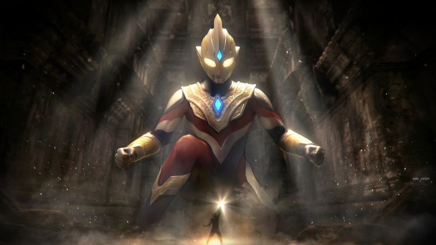 2boys, absurdres, alien, chinese_commentary, clenched_hands, giant, glowing, glowing_eyes