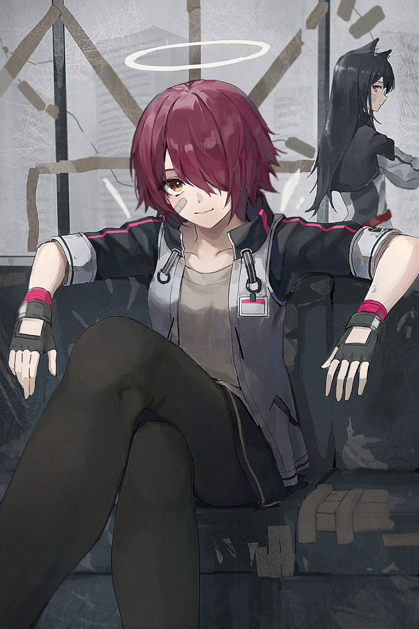 2girls, absurdres, animal_ear_fluff, animal_ears, arknights, arm_rest, bandaid, bandaid_on_face