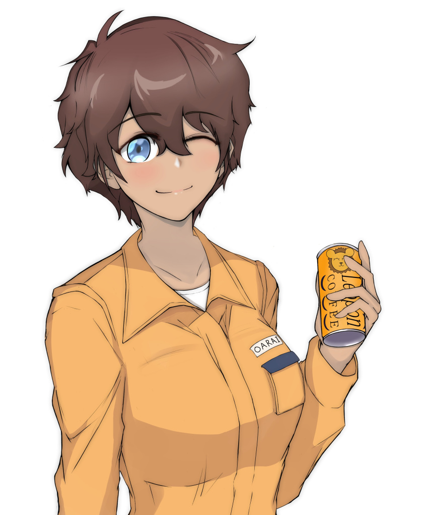 1girl, absurdres, bangs, blue_eyes, brown_hair, can, closed_mouth, commentary_request