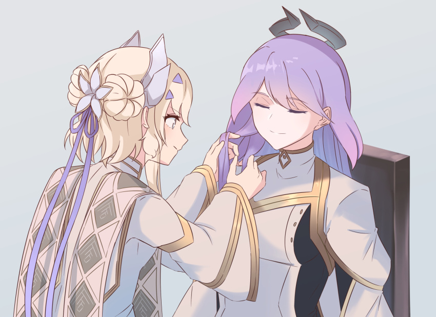 2girls, alternate_costume, blonde_hair, braiding_hair, chair, closed_eyes, dogmatika_ecclesia_the_virtuous, dogmatika_fleurdelis_the_knighted