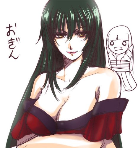 2girls, bare_shoulders, big_breasts, black_hair, breasts, brown_eyes, cleavage, collarbone