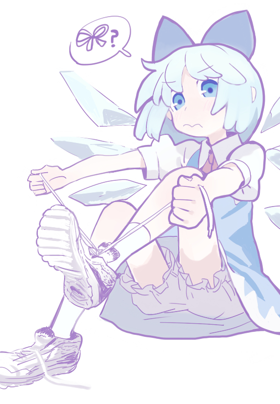 1girl, 3:, ?, alternate_footwear, backlighting, bangs, bloomers, blue_bow, blue_dress, blue_eyes, blue_hair, bow, chabi_(amedama), clenched_hands, closed_mouth, dress, eyebrows_visible_through_hair, floating_hair, foreshortening, frills, from_below, from_side, full_body, hair_bow, hands_up, holding, knees_up, leg_up, light_blush, looking_at_viewer, looking_down, neck_ribbon, outstretched_arms, pale_color, pinafore_dress, puffy_short_sleeves, puffy_sleeves, red_ribbon, ribbon, shirt, shoe_soles, shoelaces, shoes, short_hair, short_sleeves, simple_background, sitting, sneakers, socks, solo, speech_bubble, spoken_object, spoken_question_mark, touhou, tying, tying_footwear, undershirt, underwear, untied_footwear, upskirt, white_background, white_bloomers, white_footwear, white_legwear, white_shirt, wing_collar, wings