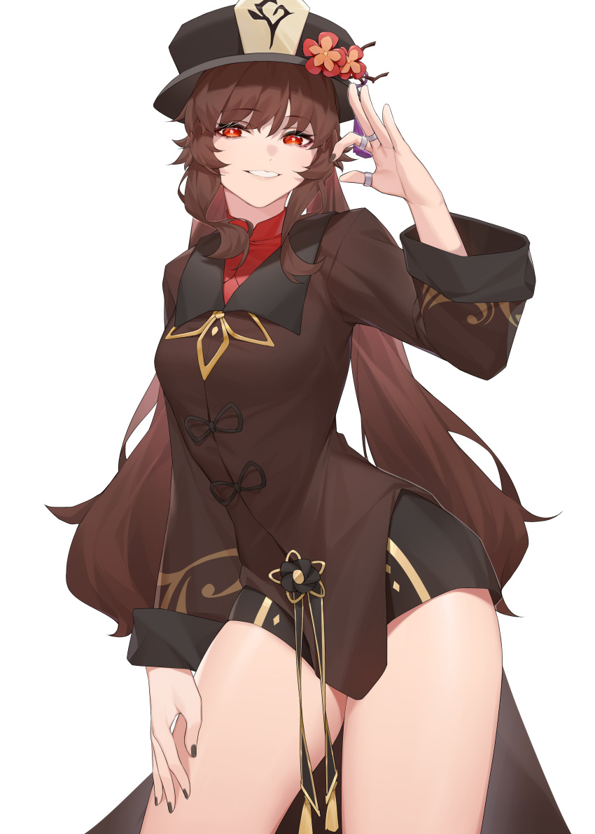 1girl, absurdres, bangs, black_nails, black_shorts, brown_hair, brown_jacket, chinese_clothes