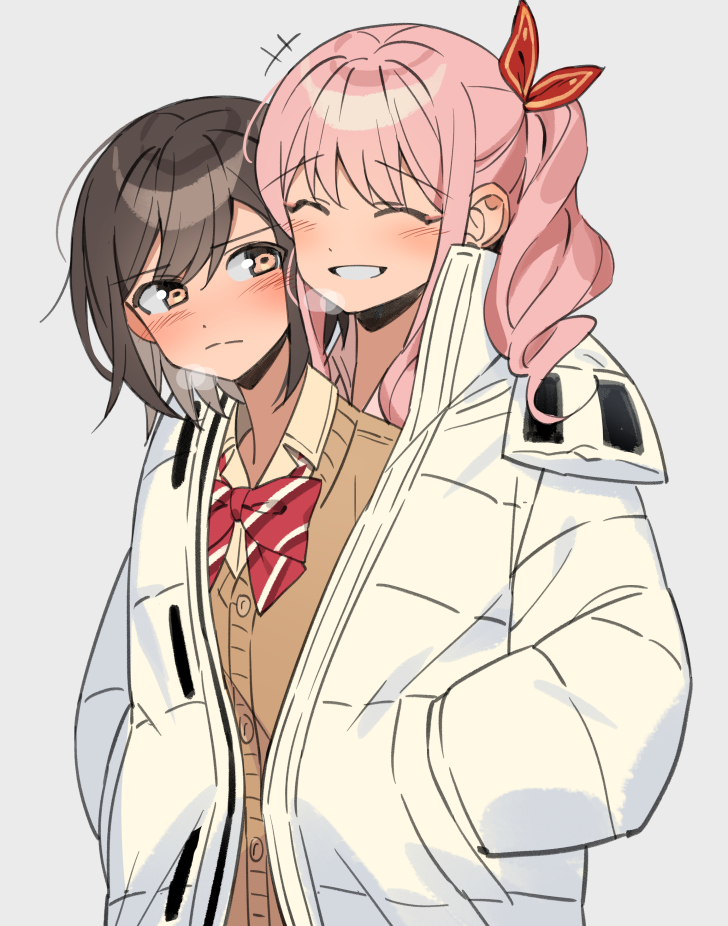 2girls, akiyama_mizuki, blush, bow, bowtie, breath, brown_cardigan, brown_eyes