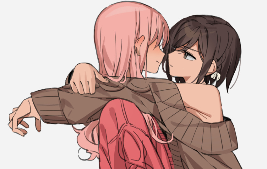 2girls, akiyama_mizuki, arms_around_neck, bare_shoulders, bow, braid, brown_eyes, brown_hair, brown_sweater, closed_mouth, commentary_request, eye_contact, grey_background, hair_bow, long_hair, long_sleeves, looking_at_another, multiple_girls, namgic, off-shoulder_sweater, off_shoulder, pink_hair, project_sekai, red_sweater, shinonome_ena, short_hair, side_braid, simple_background, sweater, upper_body, white_bow, yuri