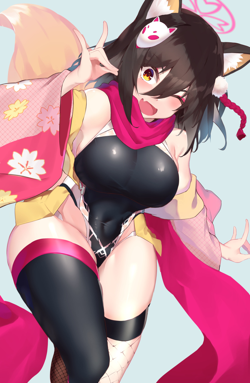 1girl, :d, absurdres, alternate_costume, animal_ear_fluff, animal_ears, black_legwear, blue_archive