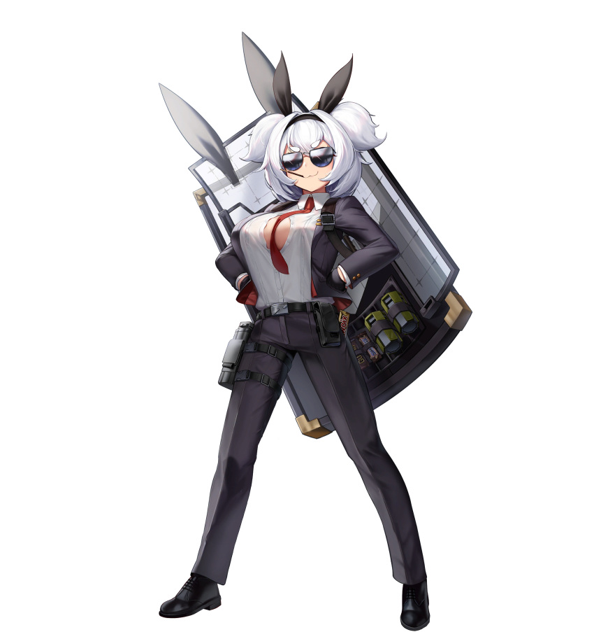 1girl, :3, alvis_(last_origin), bangs, belt, between_breasts, brand_name_imitation, breasts