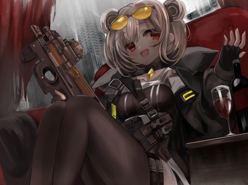 1girl, alcohol, bangs, bottle, breasts, bullpup, choker, commission