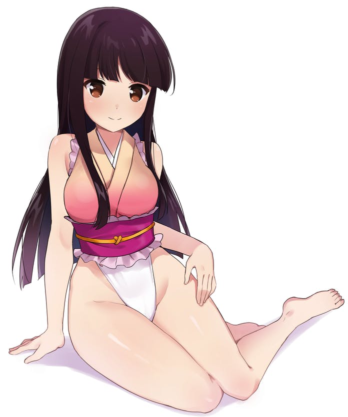 1girl, adapted_costume, bangs, bare_legs, barefoot, black_hair, blunt_bangs, blush, breasts, brown_eyes, closed_mouth, commentary, commission, frilled_kimono, frills, full_body, highleg, highleg_leotard, houraisan_kaguya, japanese_clothes, kimono, leotard, long_hair, looking_at_viewer, medium_breasts, mokki_(smtkmokki), obi, obiage, obijime, pink_kimono, sash, sidelocks, simple_background, sitting, skeb_commission, sleeveless, sleeveless_kimono, smile, solo, straight_hair, thighs, touhou, touhou_tag_dream, white_background, white_leotard, yokozuwari