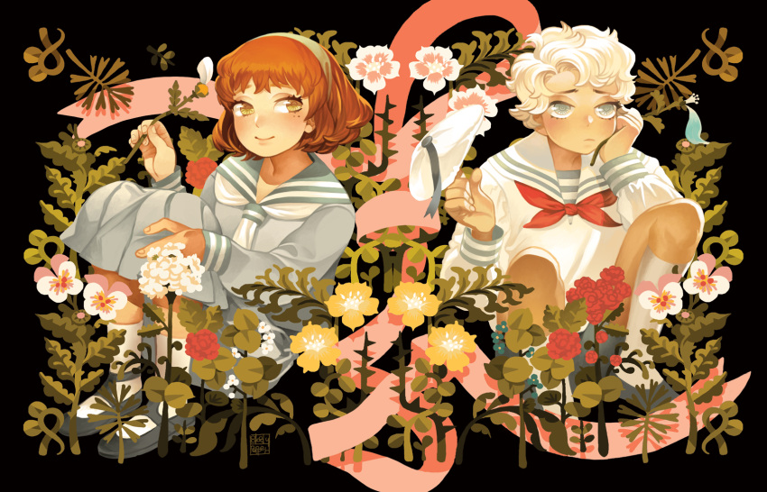 1boy, 1girl, black_background, bloodypepper, blue_eyes, blush, brown_hair, child
