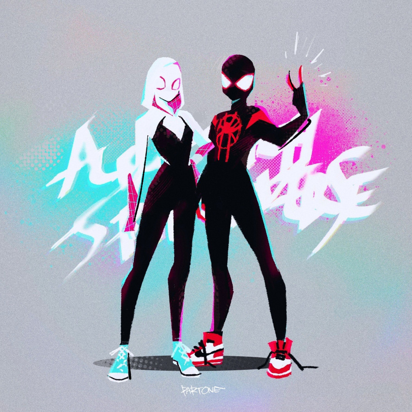 1boy, 1girl, \m/, bodysuit, emblem, gwen_stacy, highres, hood, hood_up, hooded_bodysuit, looking_at_viewer, marina_(mrn9), marvel, mask, miles_morales, shoes, sneakers, spider-gwen, spider-man:_across_the_the_spider-verse_part_1, spider-man:_into_the_spider-verse, spider-man_(miles_morales), spider-man_(series), standing, superhero
