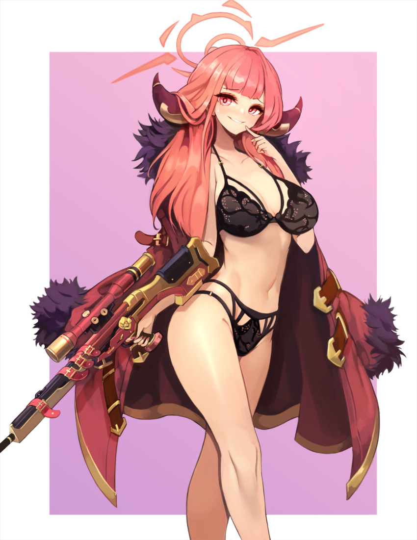 1girl, aru_(blue_archive), bangs, black_bra, black_panties, blue_archive, blunt_bangs, bra, breasts, coat, coat_on_shoulders, collarbone, commentary, demon_horns, eyebrows_visible_through_hair, finger_on_trigger, finger_to_mouth, fur-trimmed_coat, fur_coat, fur_collar, fur_trim, grin, gun, h&amp;k_psg1, halo, highres, holding, holding_gun, holding_weapon, horns, index_finger_raised, large_breasts, lingerie, long_hair, looking_at_viewer, nail_polish, navel, notte, open_clothes, open_coat, panties, pink_background, pink_eyes, pink_hair, red_coat, red_nails, rifle, scope, shiny, shiny_hair, smile, sniper_rifle, solo, standing, stomach, underwear, weapon