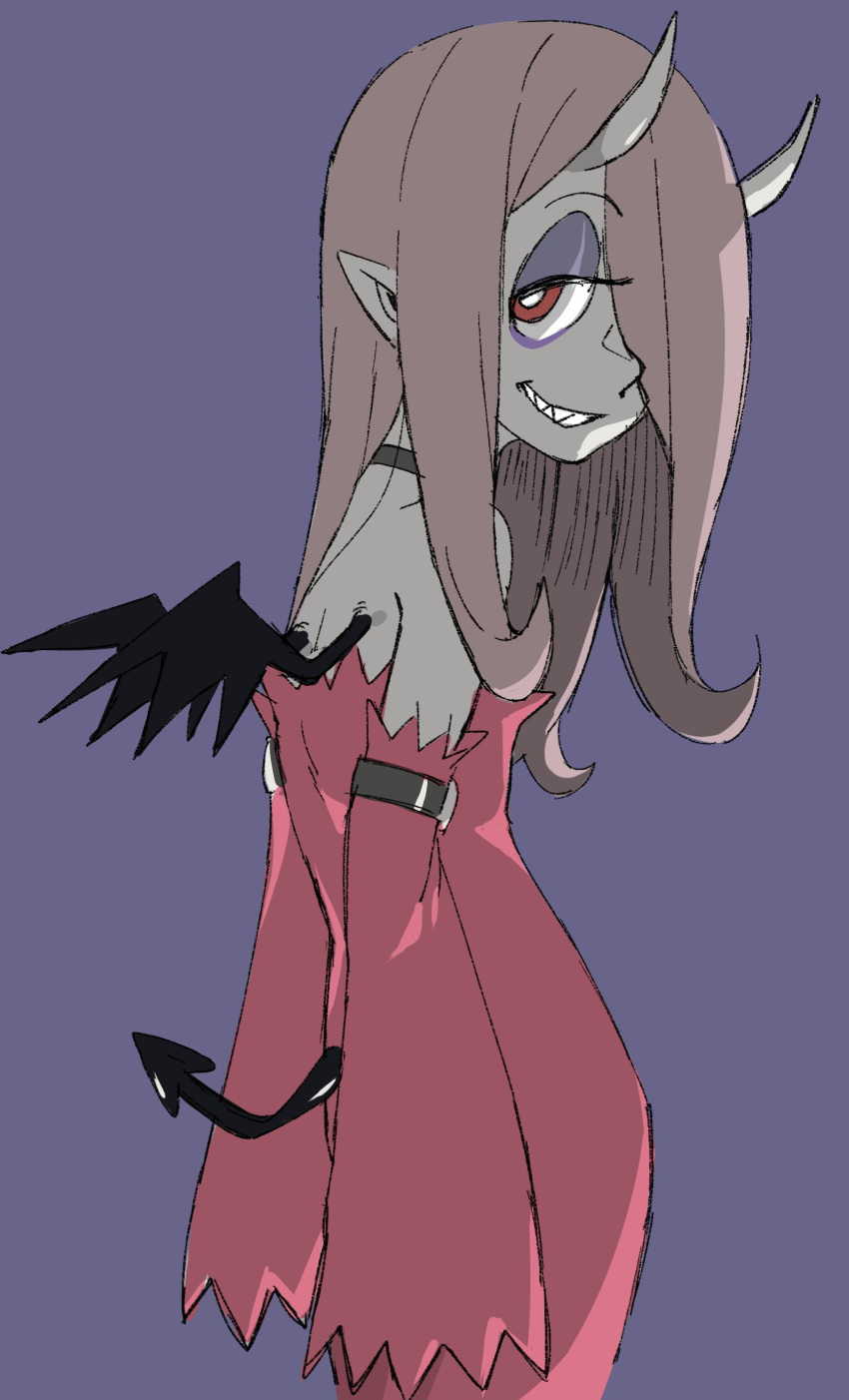 1girl, absurdres, alternate_costume, bags_under_eyes, bare_shoulders, black_wings, choker, demon_girl, demon_horns, demon_tail, demon_wings, detached_sleeves, dress, grin, hair_over_one_eye, half-closed_eyes, highres, horns, light_purple_hair, little_witch_academia, long_hair, looking_at_viewer, mini_wings, off-shoulder_dress, off_shoulder, pale_skin, pointy_ears, red_dress, red_eyes, sharp_teeth, smile, solo, standing, sucy_manbavaran, tail, teeth, wings, woogleboy