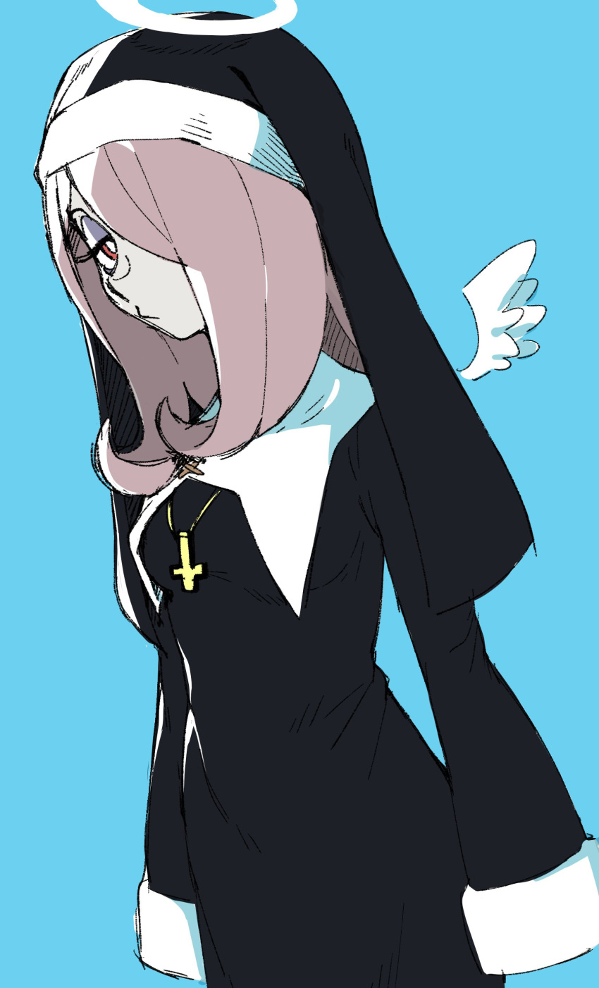 1girl, absurdres, alternate_costume, angel_wings, bags_under_eyes, black_dress, blue_background, catholic, closed_mouth, cross, cross_necklace, crucifix, dress, expressionless, hair_over_one_eye, half-closed_eyes, halo, highres, inverted_cross, jewelry, light_purple_hair, little_witch_academia, long_hair, looking_at_viewer, mini_wings, necklace, nun, pale_skin, red_eyes, robe, simple_background, sleeves_past_fingers, sleeves_past_wrists, solo, standing, sucy_manbavaran, veil, wings, woogleboy