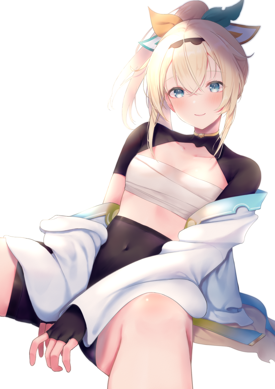 1girl, aqua_ribbon, bangs, bike_shorts, black_gloves, black_shorts, blonde_hair, blue_eyes