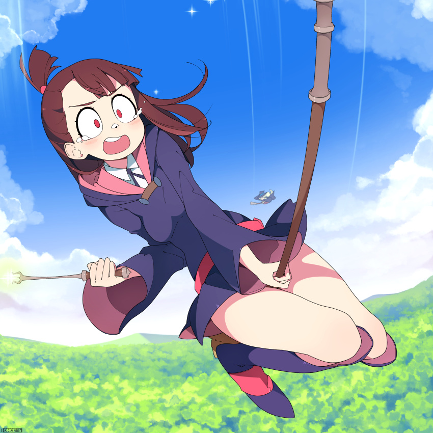 1girl, absurdres, bangs, bike_shorts, blue_sky, breasts, broom, broom_riding, brown_hair, clouds, collar, crying, crying_with_eyes_open, dress, forest, hat, highres, holding, holding_wand, kagari_atsuko, little_witch_academia, long_hair, medium_breasts, nature, once_11h, open_mouth, outdoors, purple_dress, purple_footwear, purple_headwear, purple_hood, purple_ribbon, red_eyes, ribbon, shiny, shirt, sky, tears, teeth, tied_hair, upper_teeth, wand, white_shirt, witch_hat