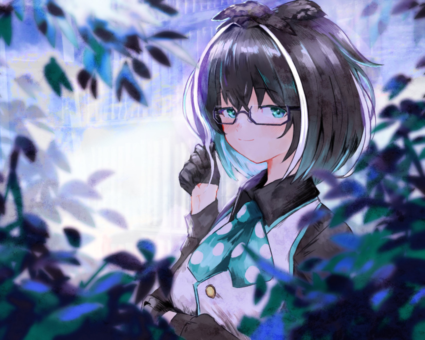 1girl, animare, aqua_neckerchief, bangs, black-framed_eyewear, black_gloves, black_hair, black_shirt, blurry, blurry_foreground, eyebrows_visible_through_hair, glasses, gloves, highres, kanino_omiso, long_sleeves, looking_at_viewer, looking_to_the_side, multicolored_hair, neckerchief, oura_rukako, polka_dot_neckerchief, semi-rimless_eyewear, shirt, short_hair, sideways_glance, smile, solo, streaked_hair, upper_body, vest, virtual_youtuber, white_hair, white_vest