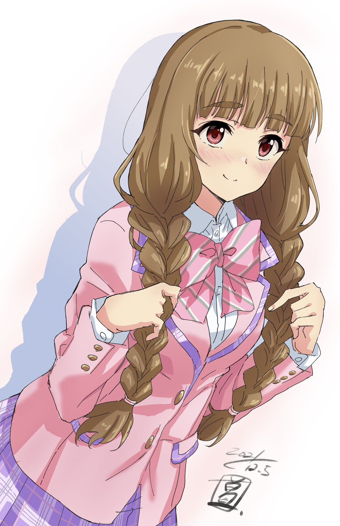 1girl, alternate_costume, alternate_hairstyle, blazer, blush, bow, bowtie, braid, brown_hair, dated, dutch_angle, highres, holding, holding_hair, idolmaster, idolmaster_cinderella_girls, jacket, kamiya_nao, pink_jacket, plaid, plaid_skirt, pleated_skirt, red_eyes, sekiya_kuzuyu, shadow, simple_background, skirt, smile, solo, thick_eyebrows, tied_hair, twintails, white_background
