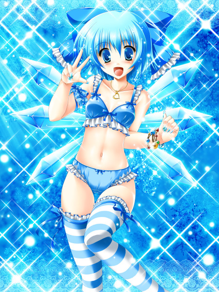blue_eyes, blue_hair, bra, bracelet, cirno, nail_polish, panties, sparkles