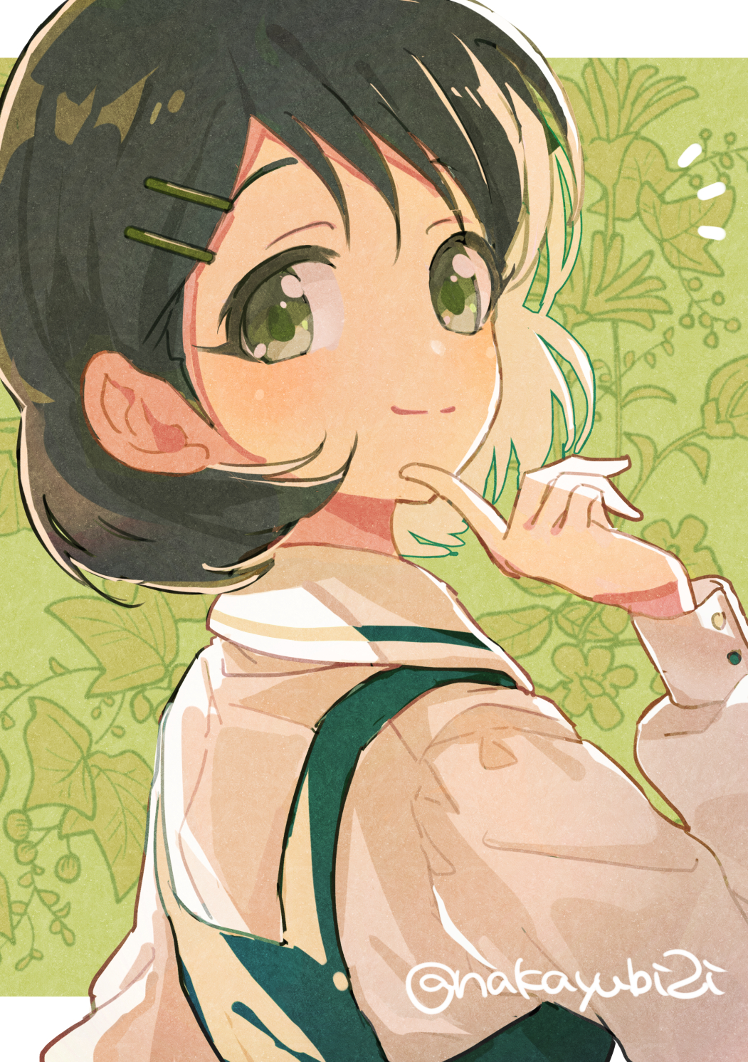 1girl, black_hair, commentary, finger_to_own_chin, floral_print, hair_ornament, hairpin, highres