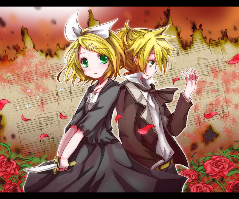 dress, efu, flower, green_eyes, hair_ornament, hair_ribbon, hairclip, kagamine_len