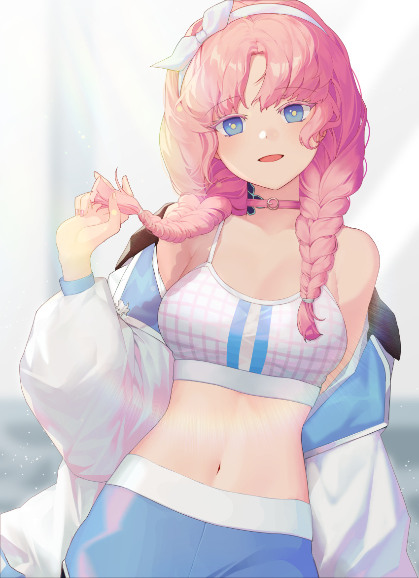 1girl, :d, absurdres, arknights, bangs, blue_eyes, blue_poison_(arknights), blue_poison_(shoal_beat)_(arknights)