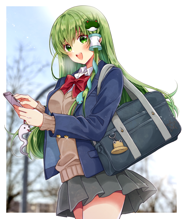 1girl, :d, bag, bangs, beige_sweater_vest, blazer, blush, breasts