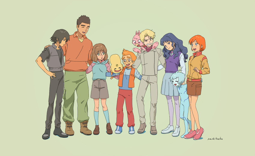 adam_(mujin_wakusei_survive), arms_around_back, arms_around_waist, bell_(mujin_wakusei_survive), chako_(mujin_wakusei_survive), everyone, glasses, hands_on_shoulders, highres, howard_(mujin_wakusei_survive), kaoru_(mujin_wakusei_survive), luna_(mujin_wakusei_survive), menori, mujin_wakusei_survive, rakikoko, sharla_(mujin_wakusei_survive), shingo_(mujin_wakusei_survive), sitting_on_shoulder, smile, tako_(mujin_wakusei_survive), wince