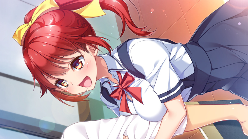 1girl, :d, arm_grab, bangs, bow, breast_press, collared_shirt, floating_hair