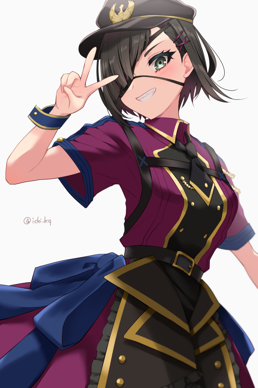 1other, bangs, black_hair, black_headwear, blush, breasts, dress, eyepatch, fate/grand_order, fate_(series), grey_eyes, grin, hair_over_one_eye, hat, highres, ichi_kq, looking_at_viewer, medium_breasts, mysterious_ranmaru_x_(fate), peaked_cap, purple_dress, short_hair, short_sleeves, smile, solo, v, wrist_cuffs