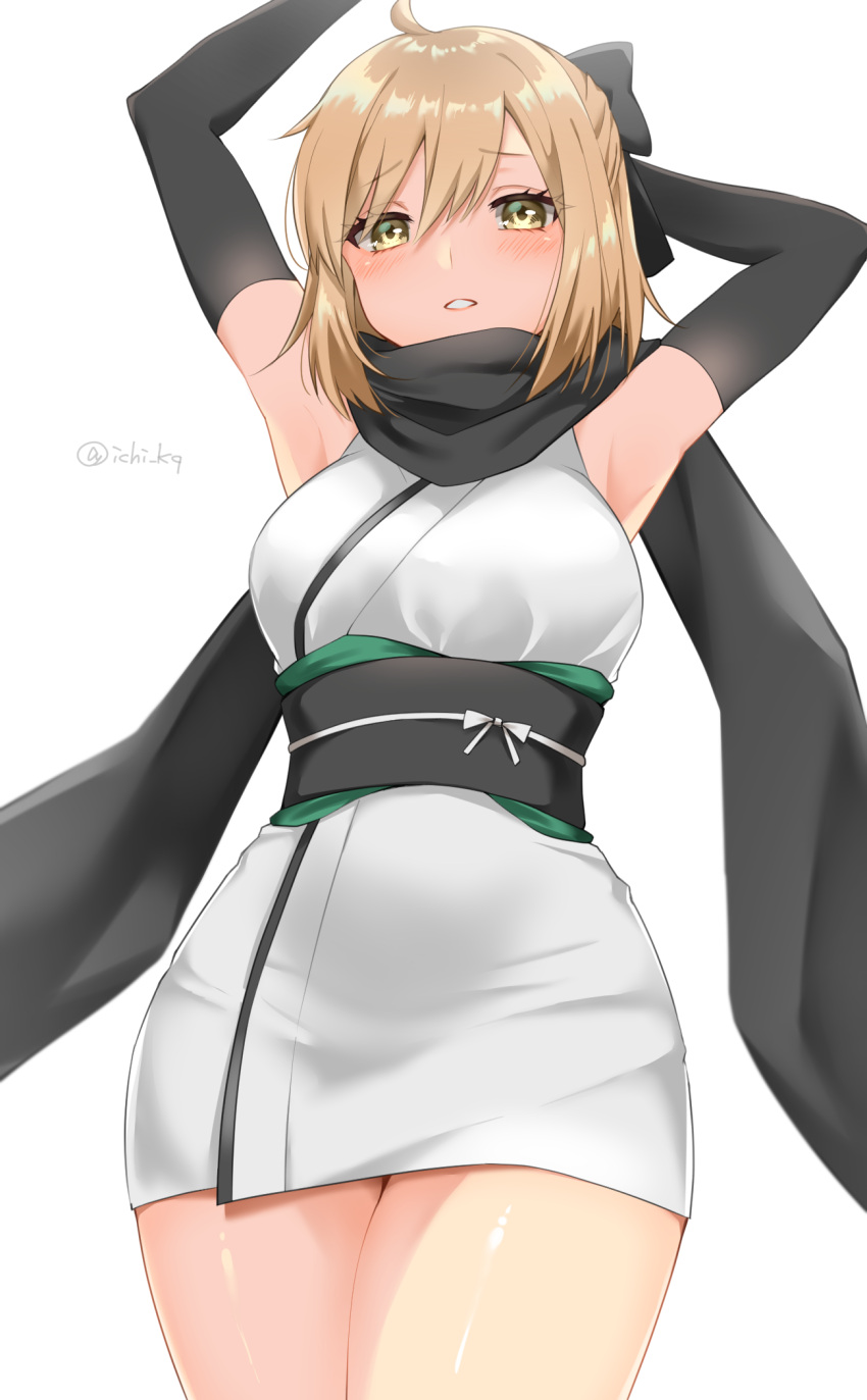 1girl, ahoge, arm_guards, armpits, arms_up, bangs, black_bow, blonde_hair