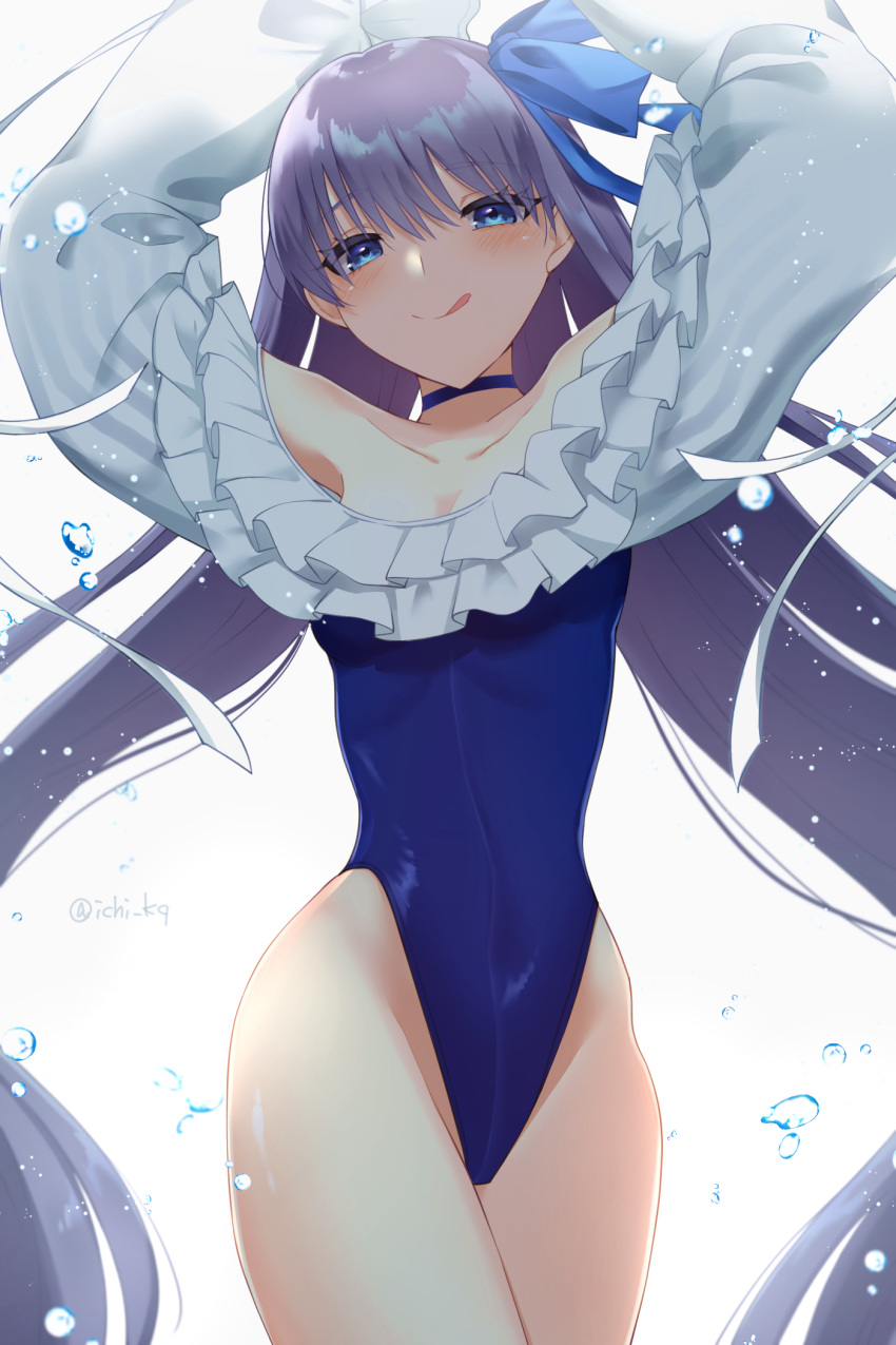 1girl, armpits, arms_behind_head, arms_up, bangs, bare_shoulders, blue_eyes, blue_ribbon