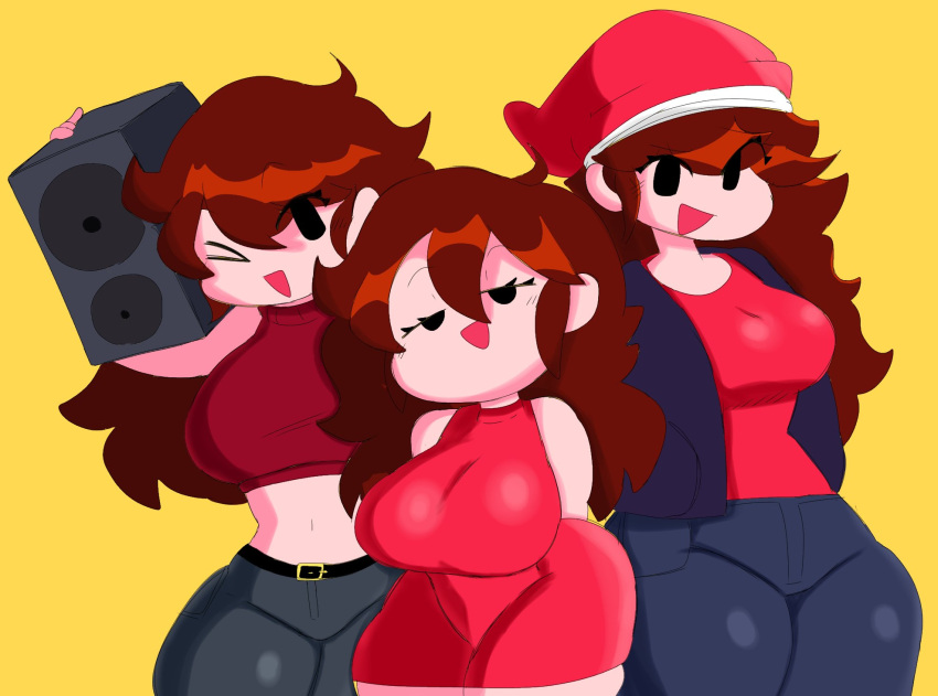 3girls, arms_behind_back, black_jacket, breasts, brown_hair, curvy, denim, dress