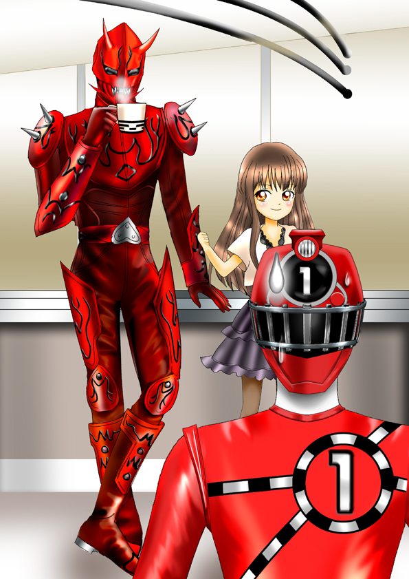 1girl, 2boys, bangs, belt, blush, bodysuit, brown_eyes, creator_connection